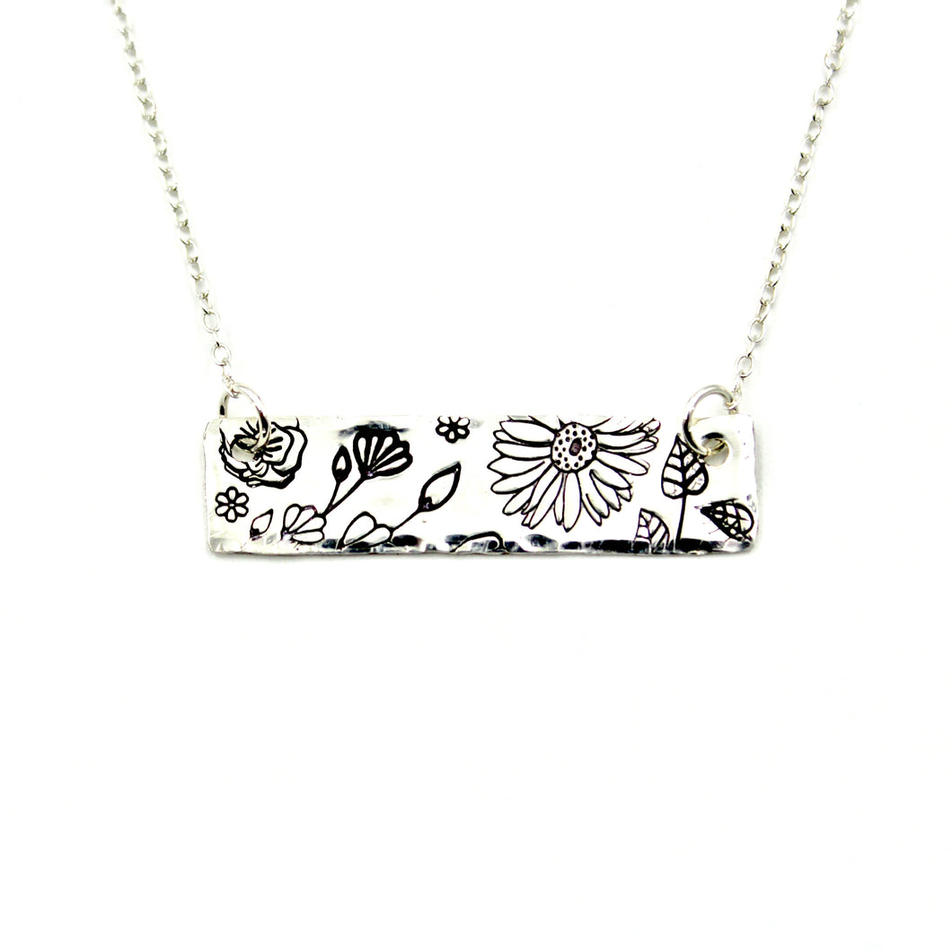 Floral Bar Necklace - Sterling Silver